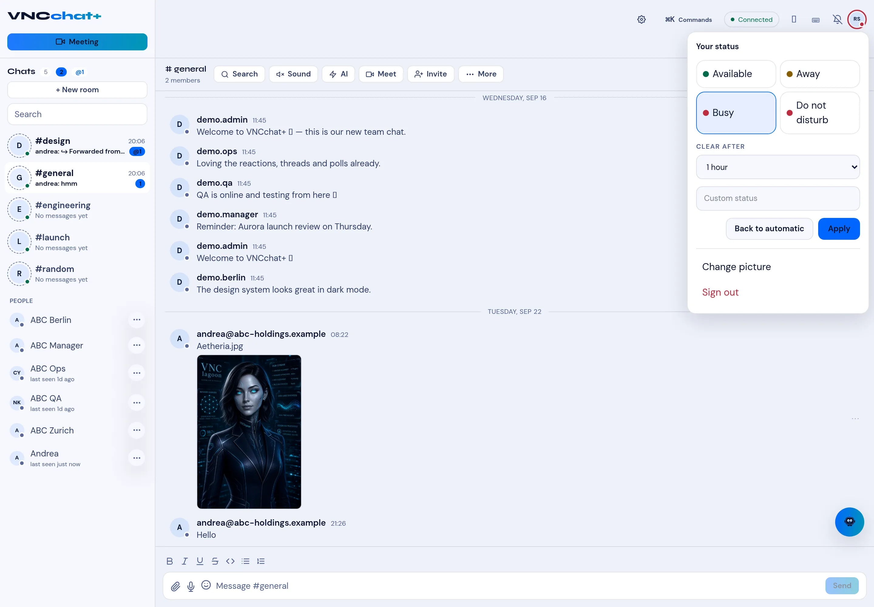 The Your status menu with Available, Away, Busy and Do not disturb