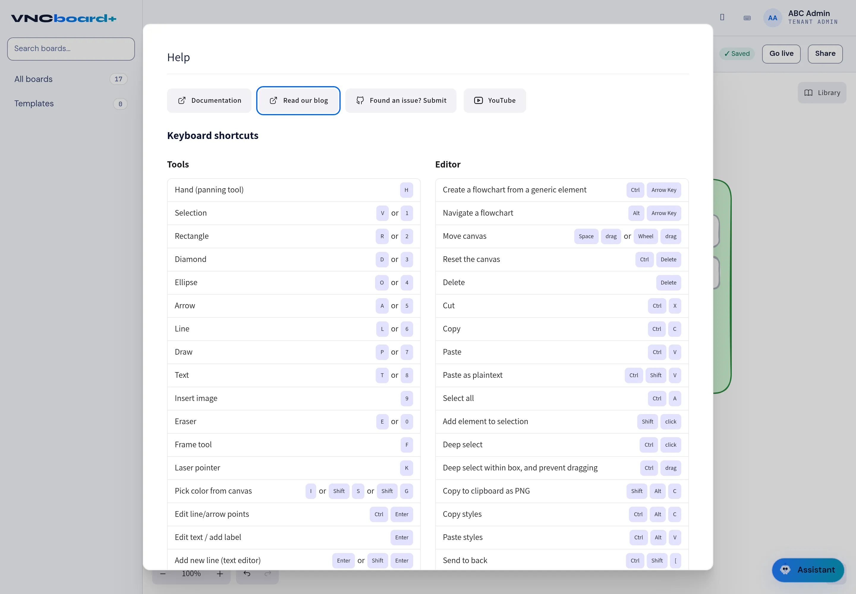 The Help dialog with the board keyboard shortcuts