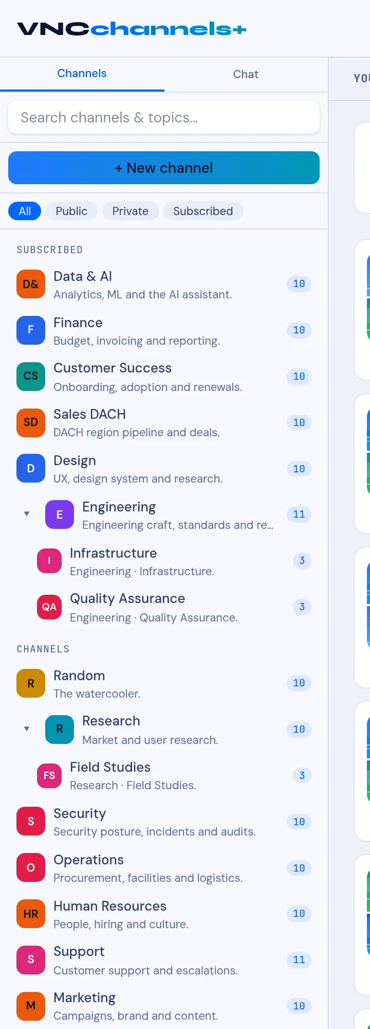 The VNCchannels+ sidebar: Channels/Chat tabs, search, New channel and the channel list