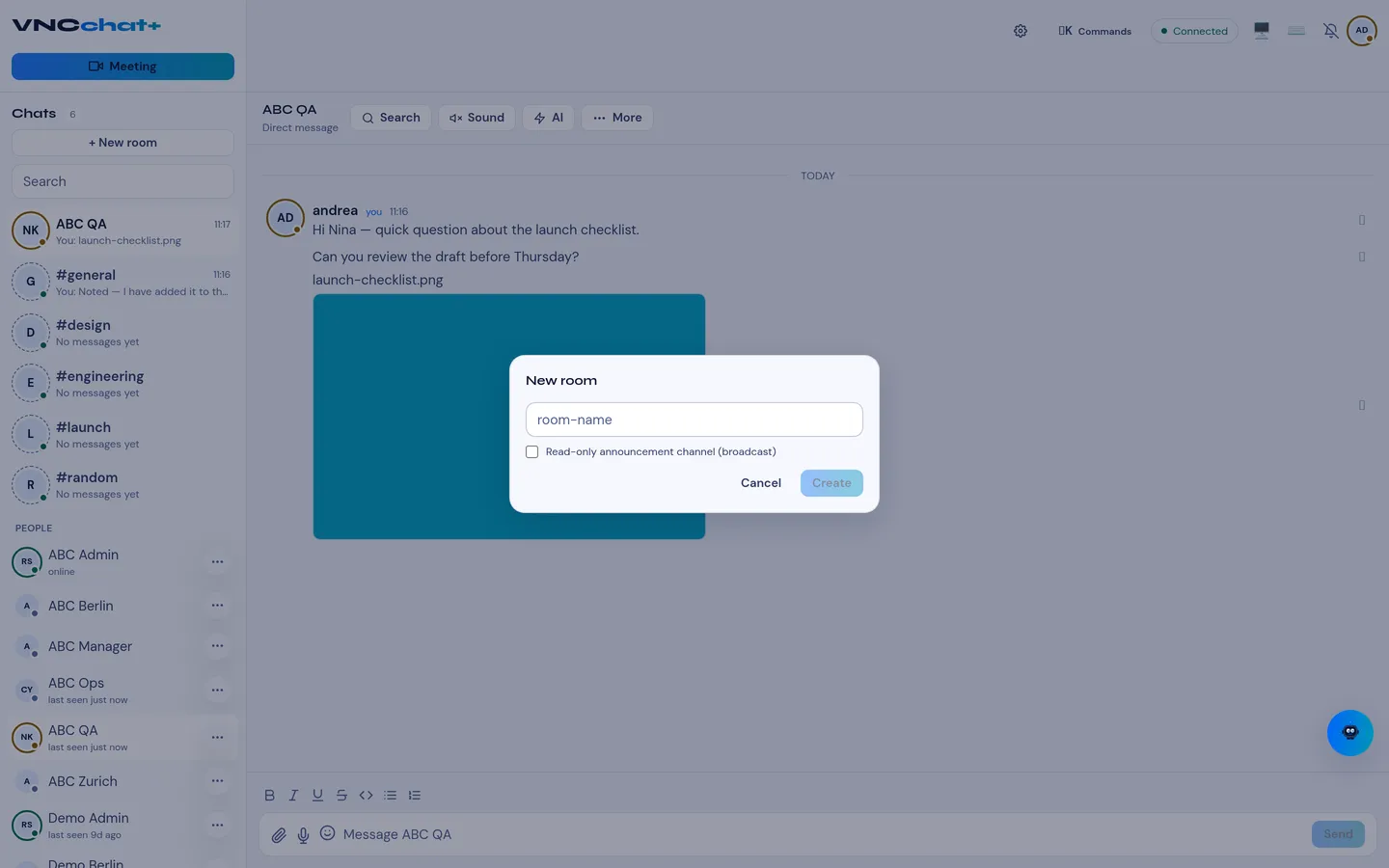 The New room dialog with a room name field and a broadcast option