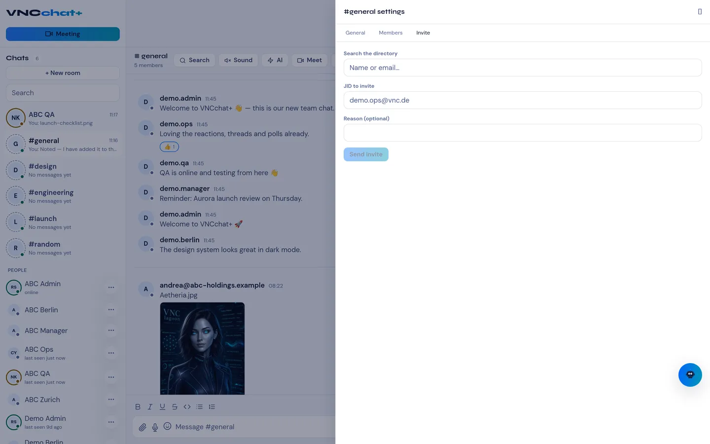 The room Invite panel: search the directory or invite by JID