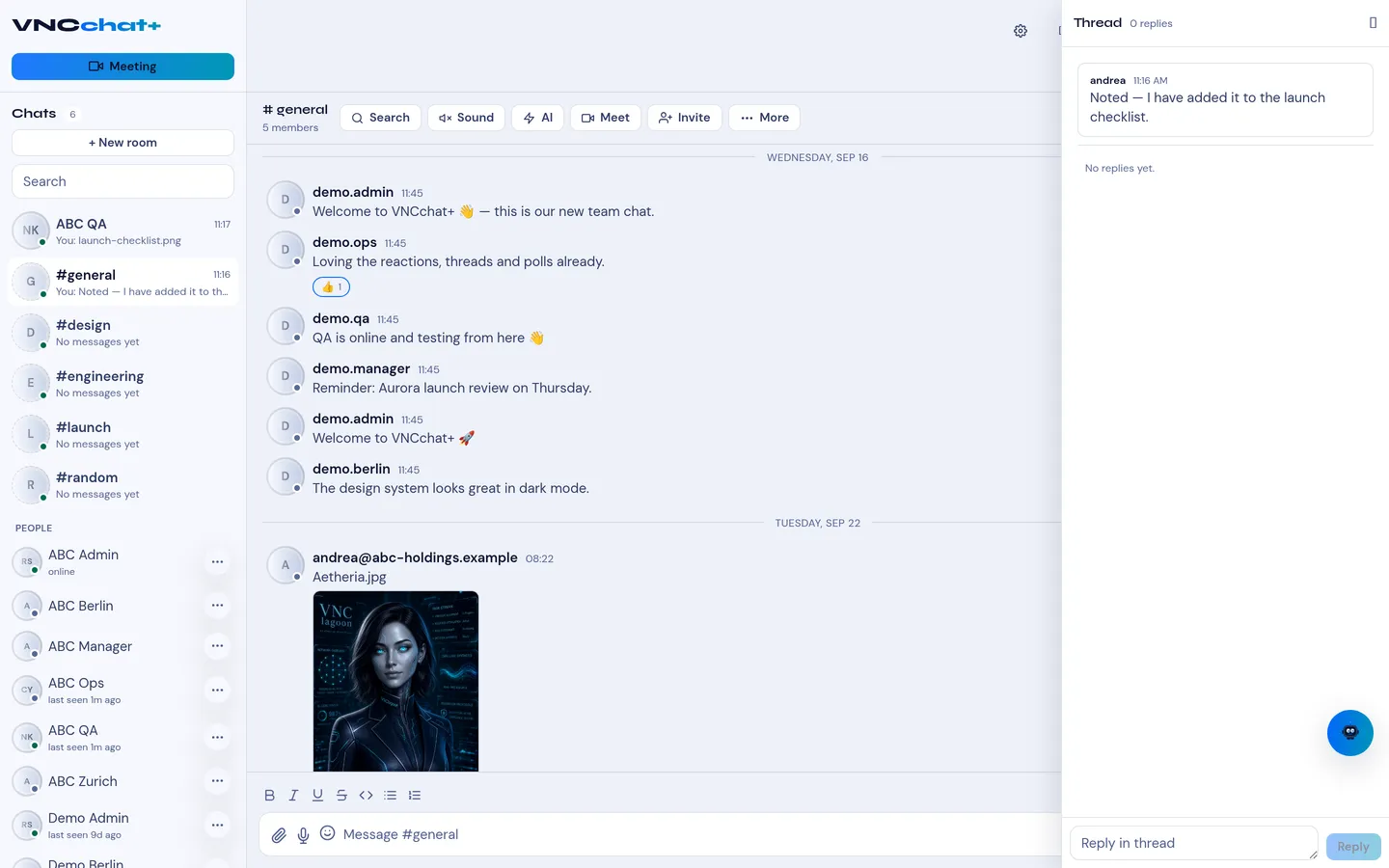 A thread open beside the conversation, with its own reply composer