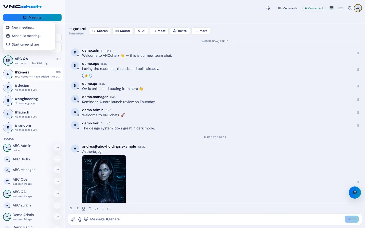The Meeting menu: New meeting, Schedule meeting, Start screenshare