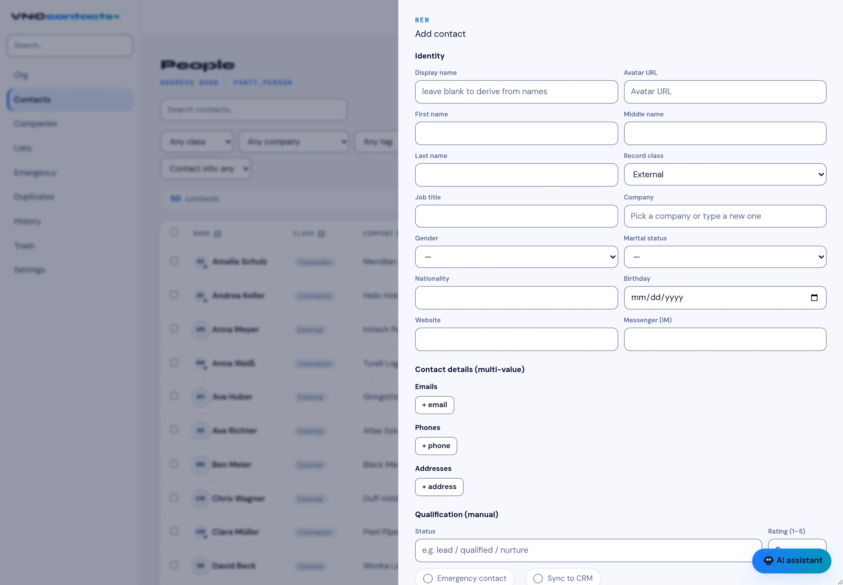 Adding a contact, with identity, contact details and qualification
