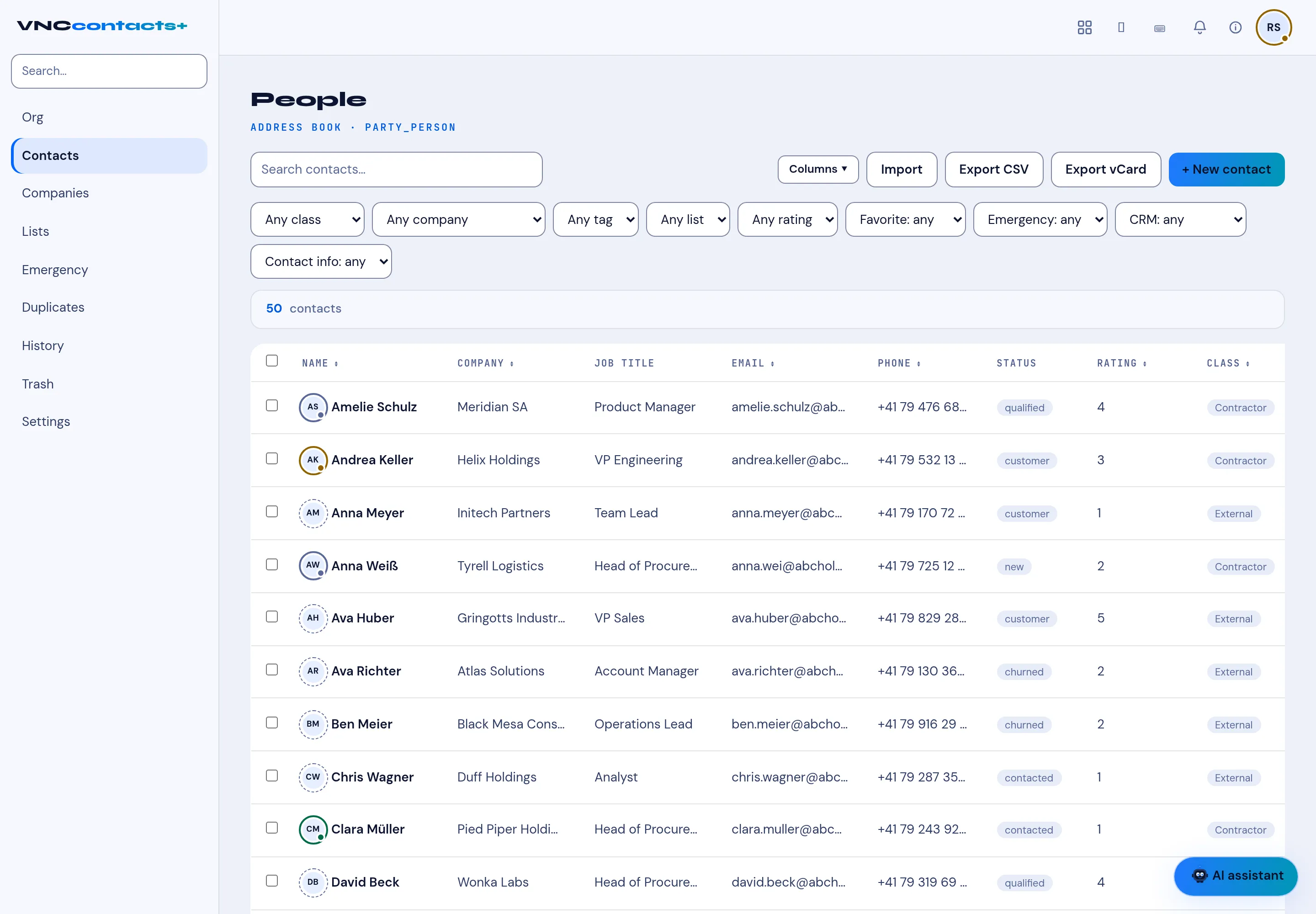 The People list with the filter bar, columns and import/export actions