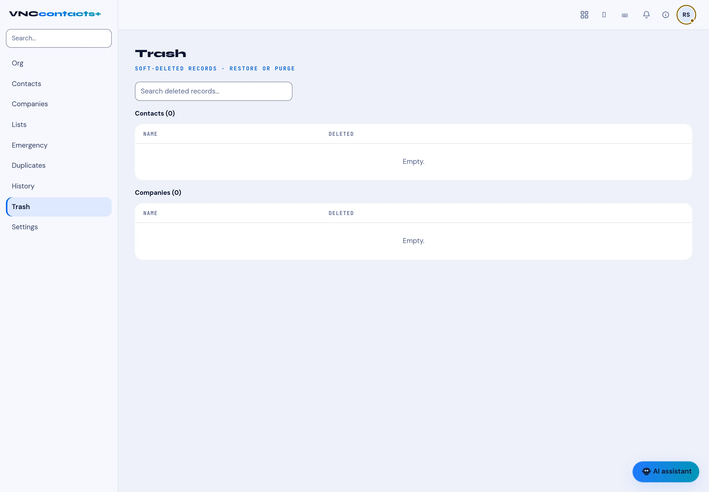 The Trash view with the deleted Contacts and Companies sections