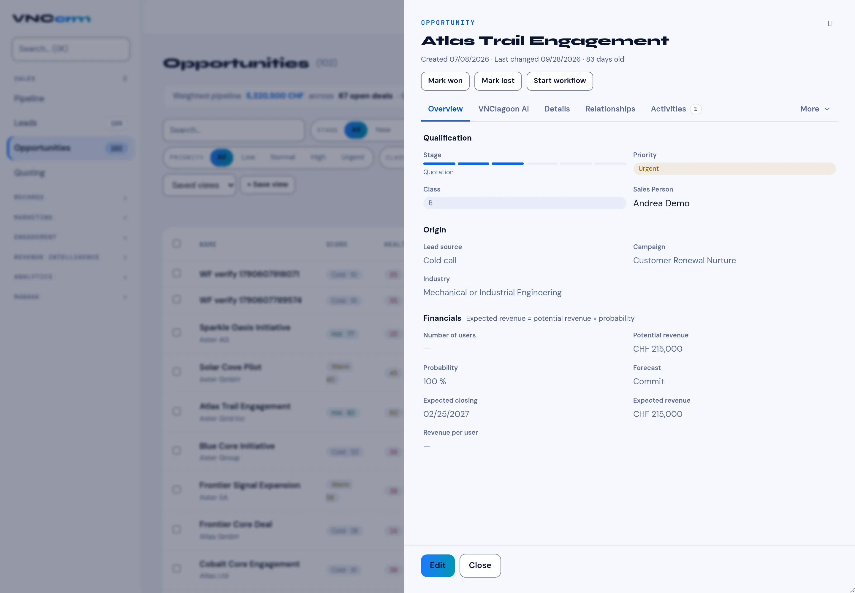An opportunity with Start workflow in the header