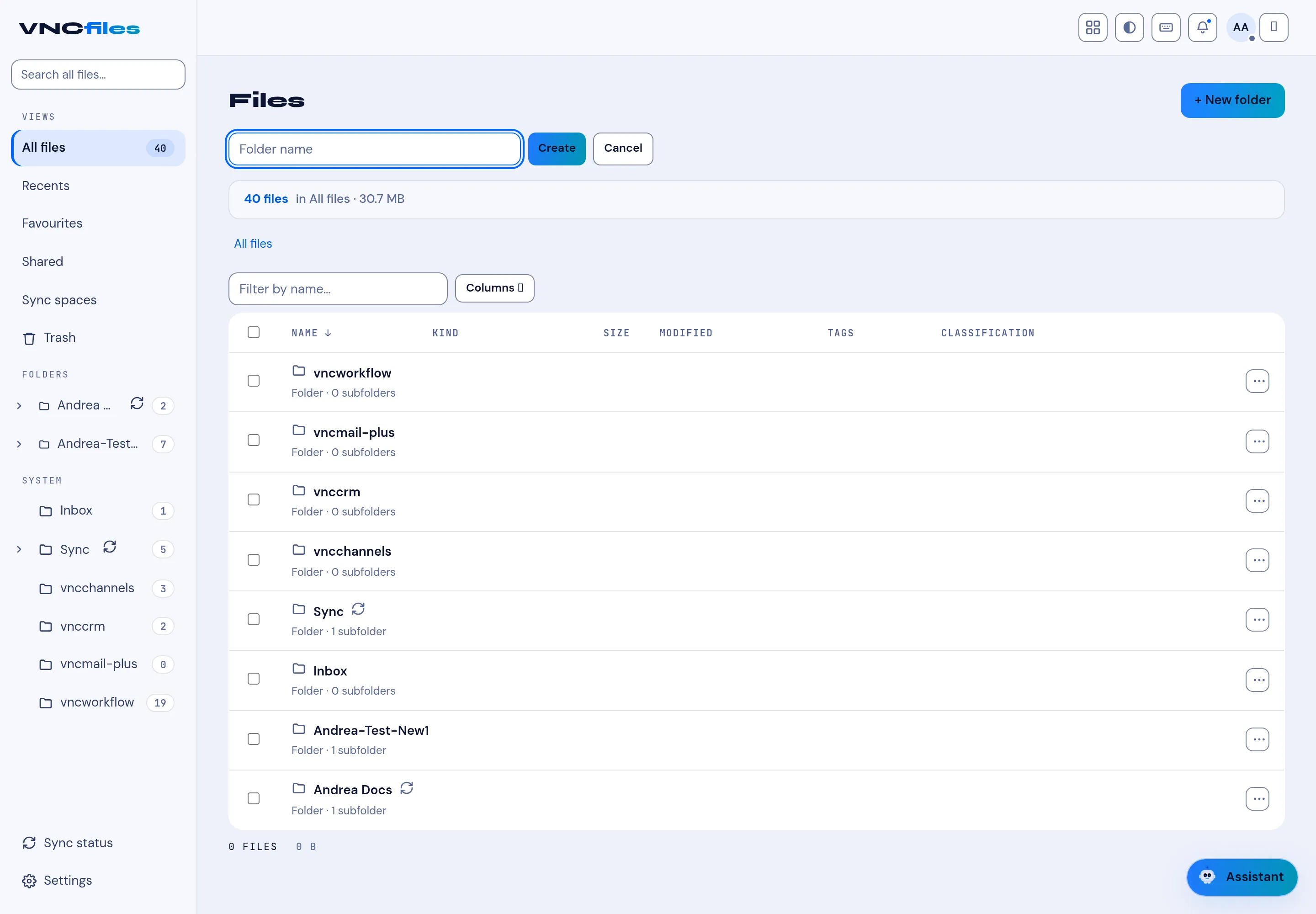 A folder with the Storage filter and file metadata