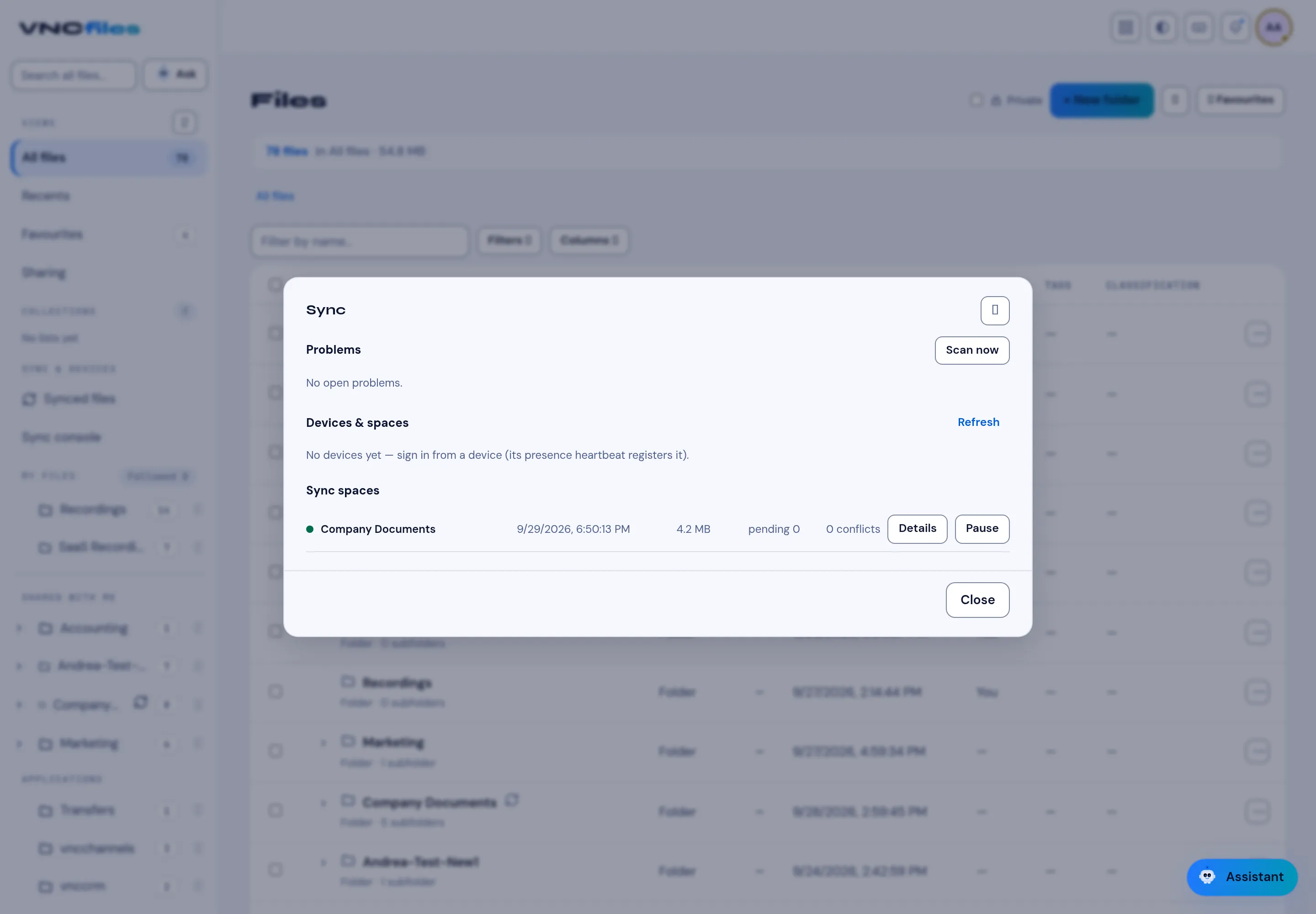 The Sync console with problems, devices and sync spaces