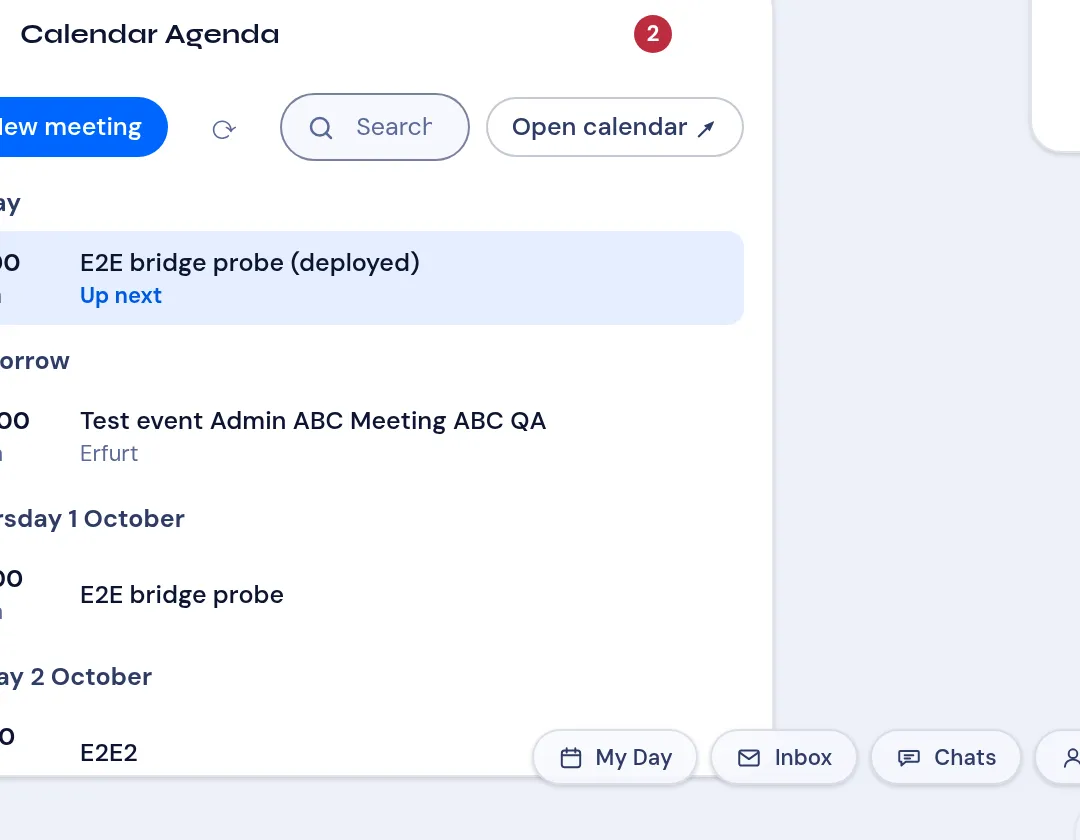The Calendar Agenda card: today’s Up next event and the coming days