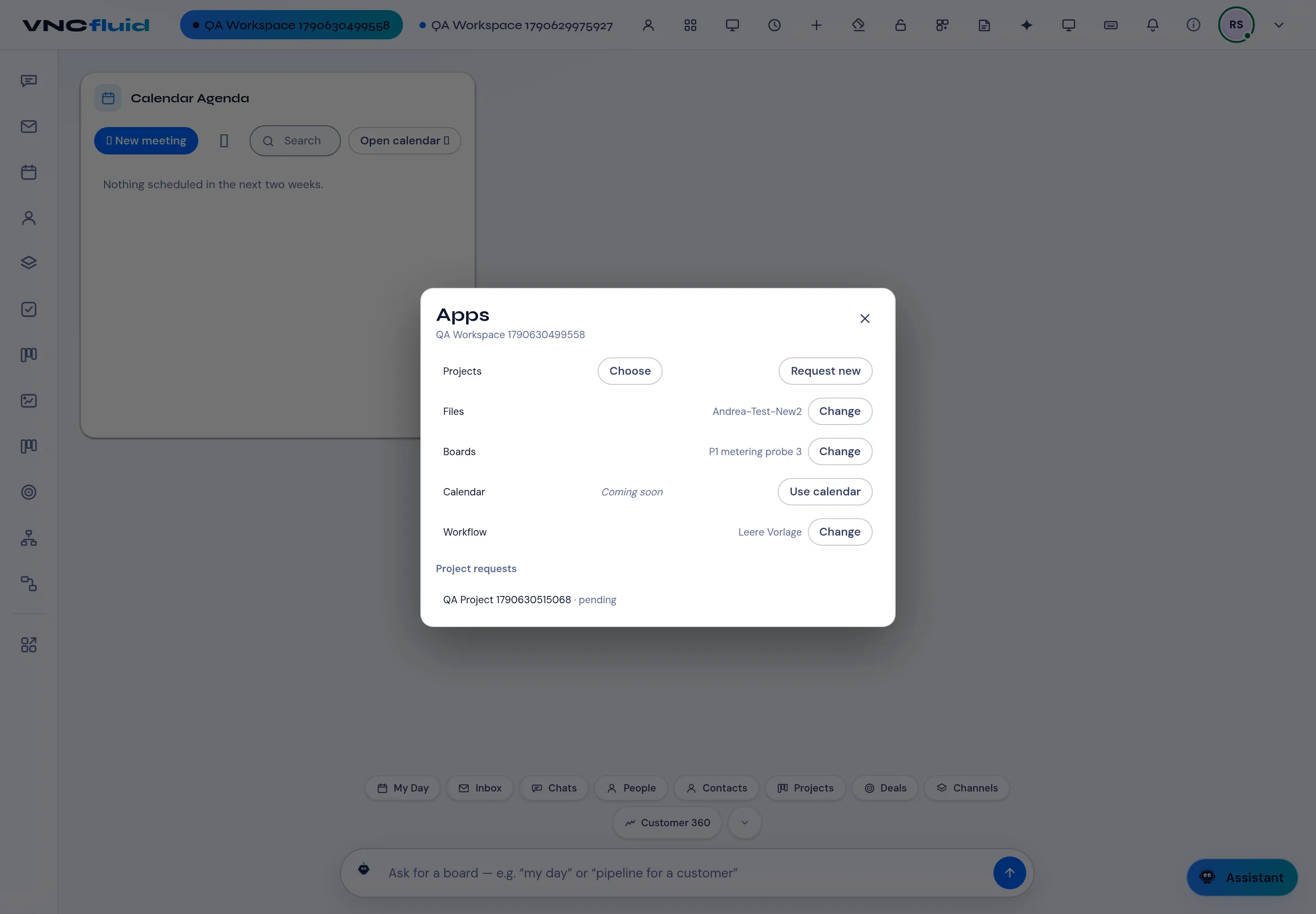 The Apps panel for a workspace — projects, files, boards, calendar, workflow and project requests