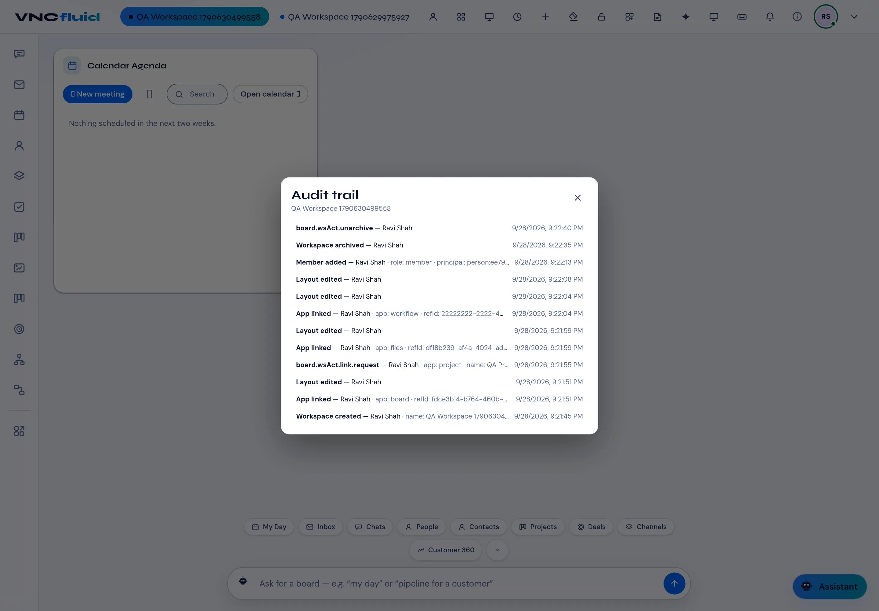The read-only Audit trail for a workspace