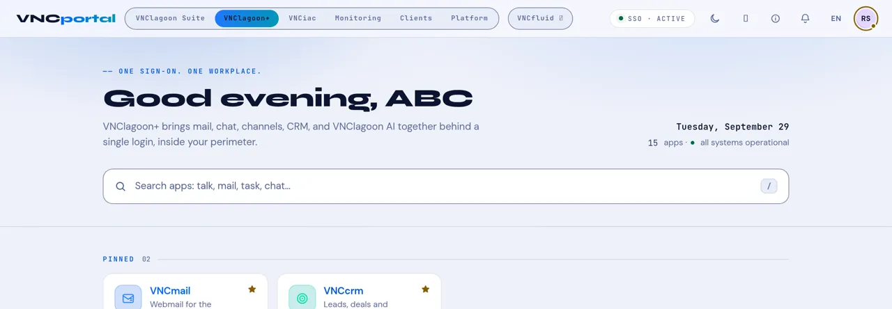The VNClagoon+ portal — one sign-on, one workplace: search for an app and open it already signed in