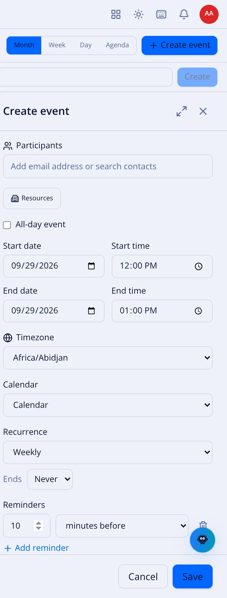 The event form’s Reminders section with a 10-minutes-before reminder