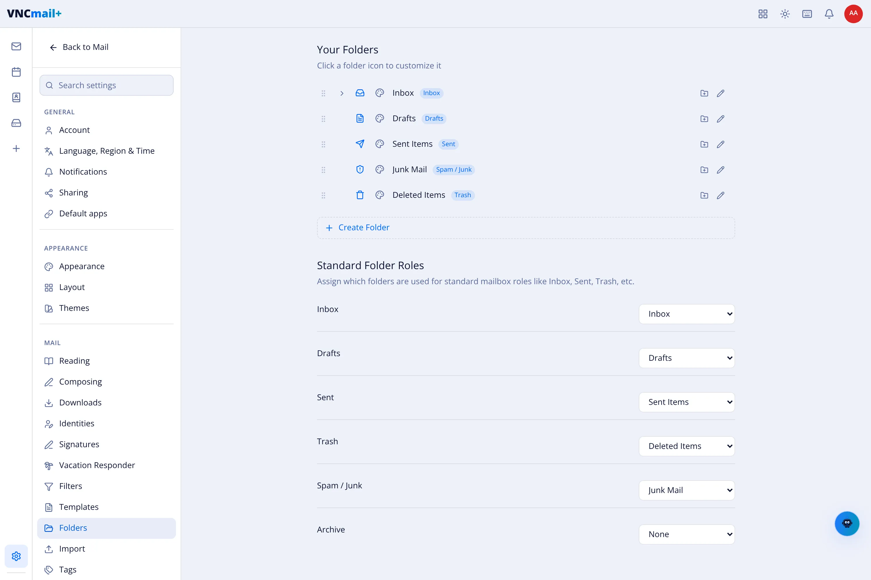 The Folders settings with the folder list and standard roles