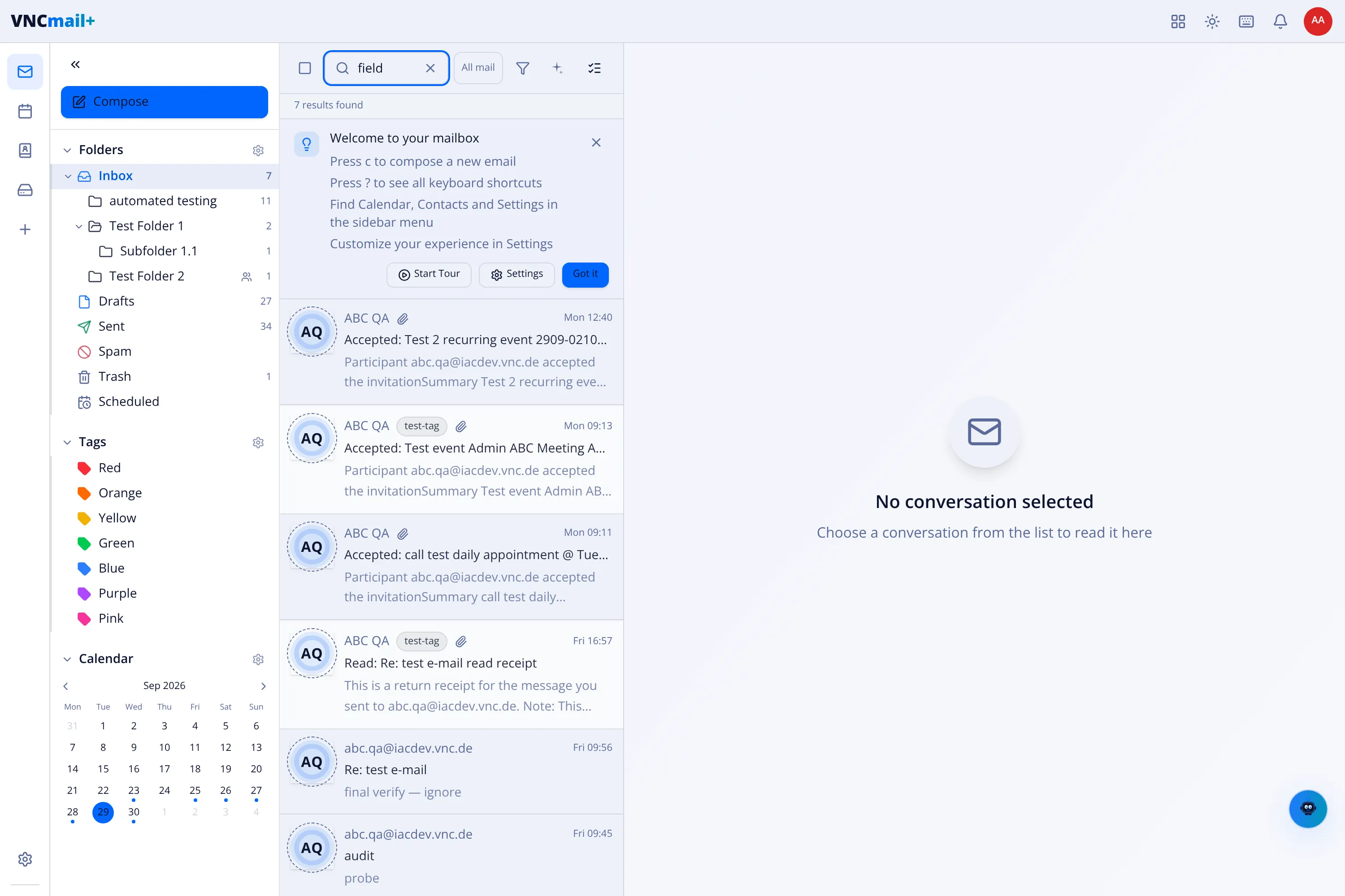The VNCmail+ sidebar with folders, tags, the calendar and search