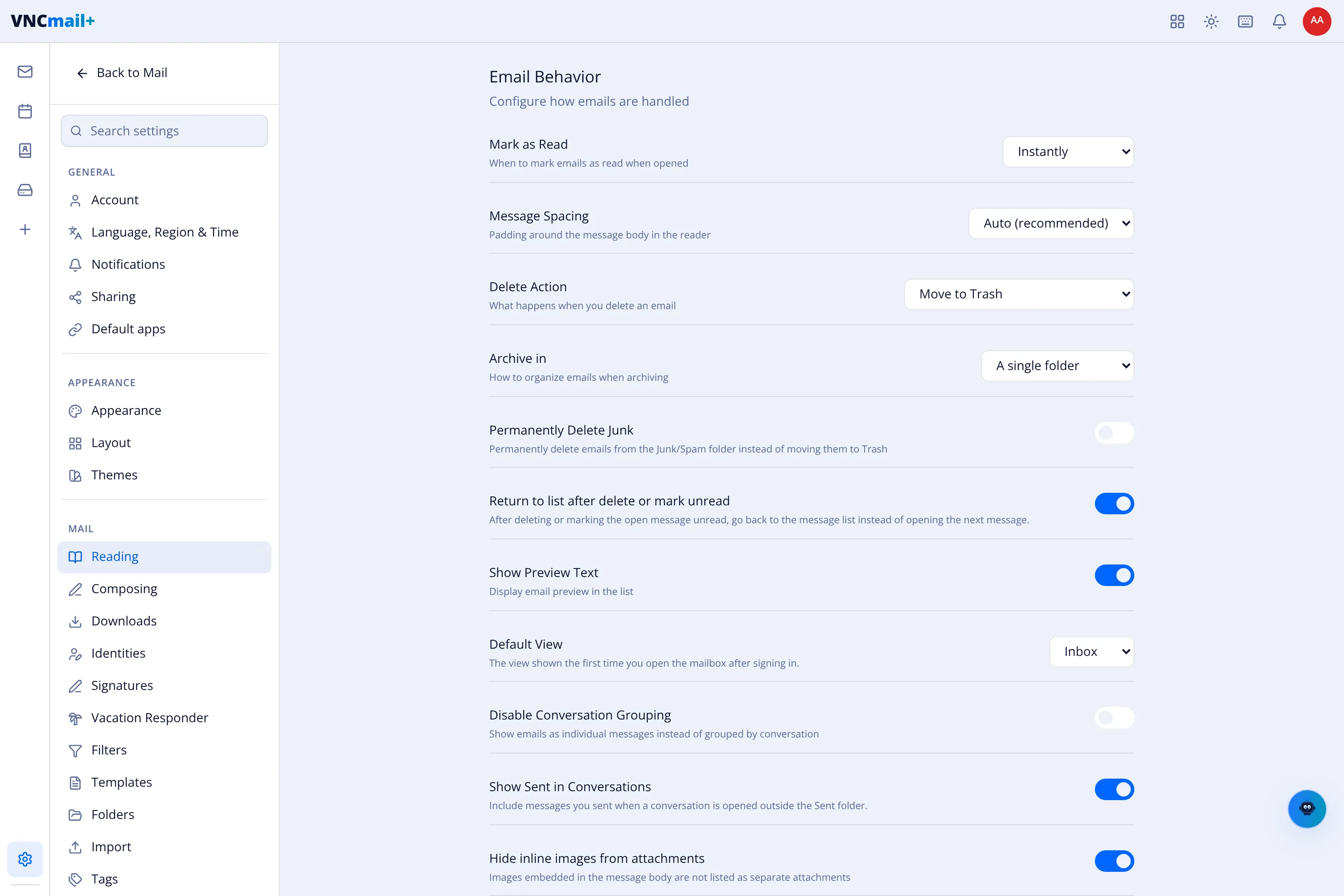 The Reading (Email Behavior) settings
