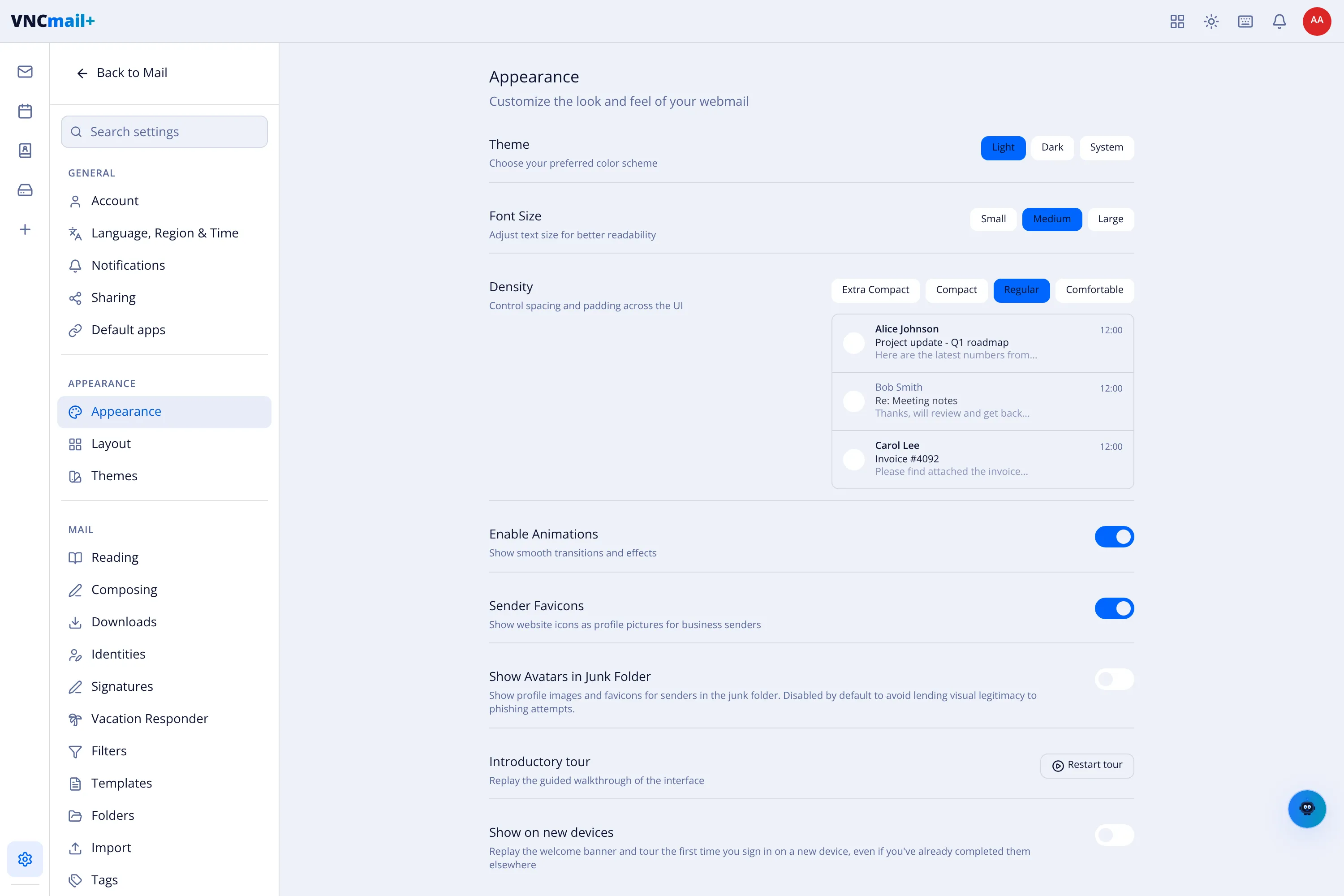 The VNCmail+ settings with the Appearance section open
