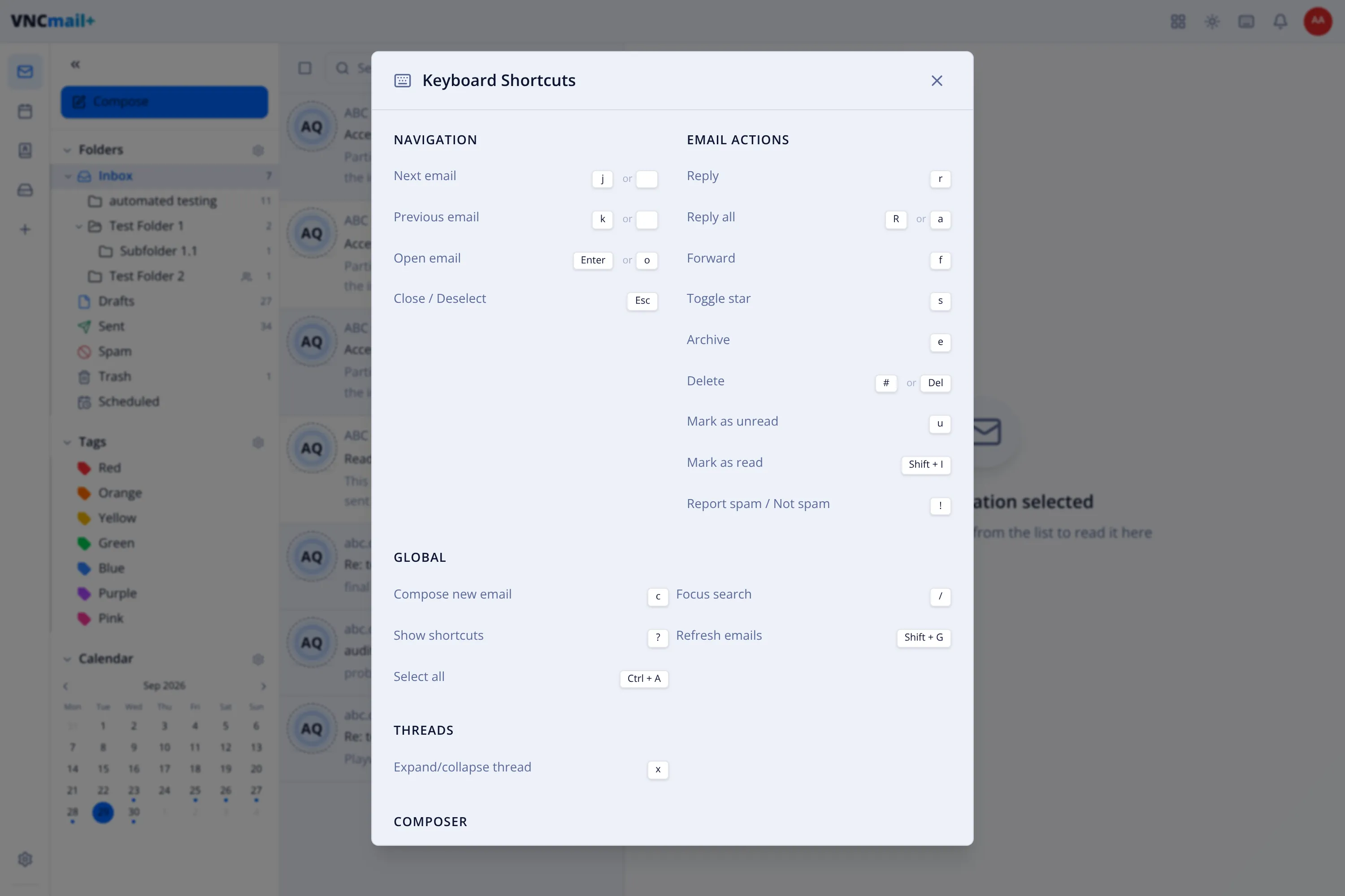 The Keyboard Shortcuts dialog in VNCmail+