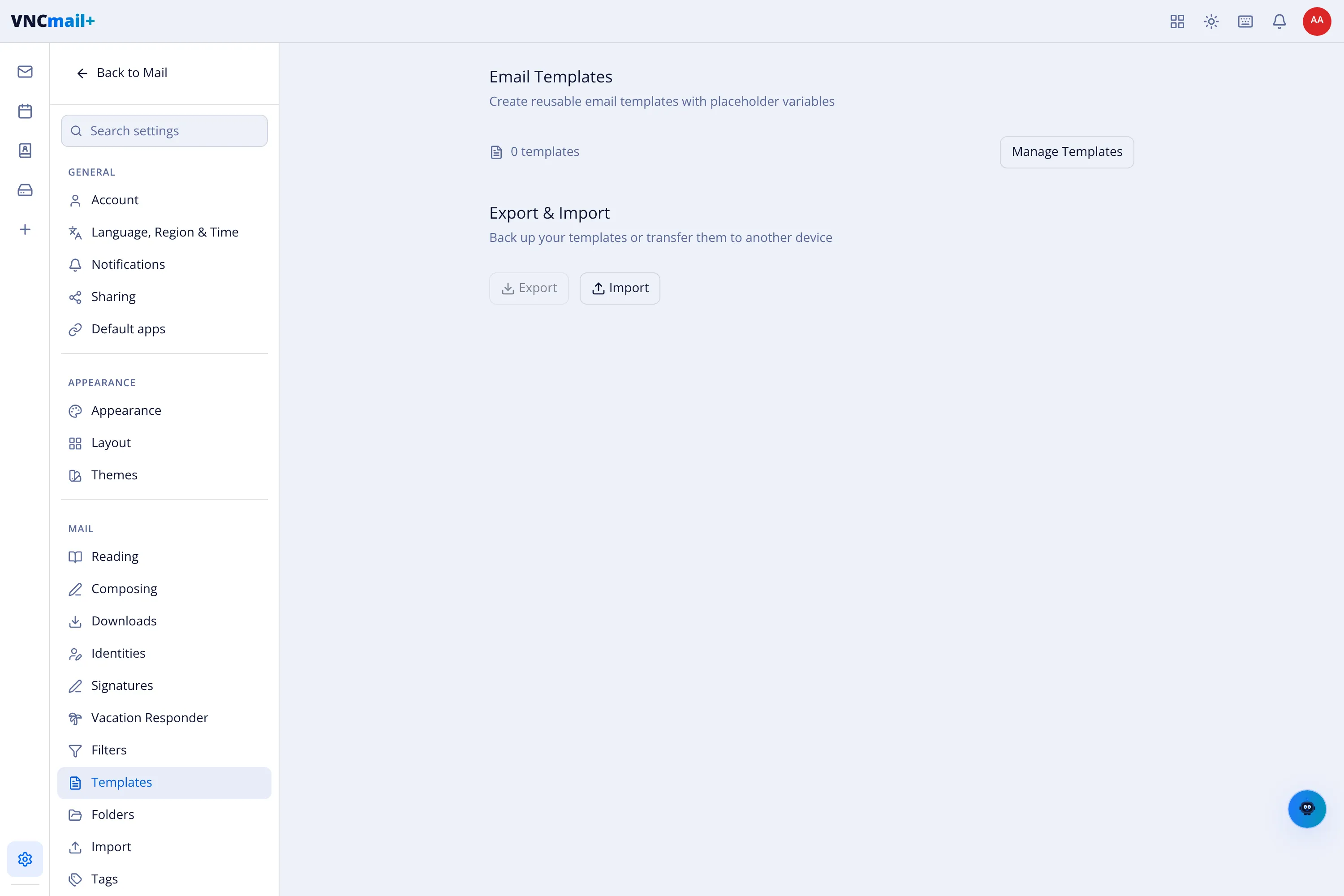 The Email Templates settings with Manage Templates and Export/Import