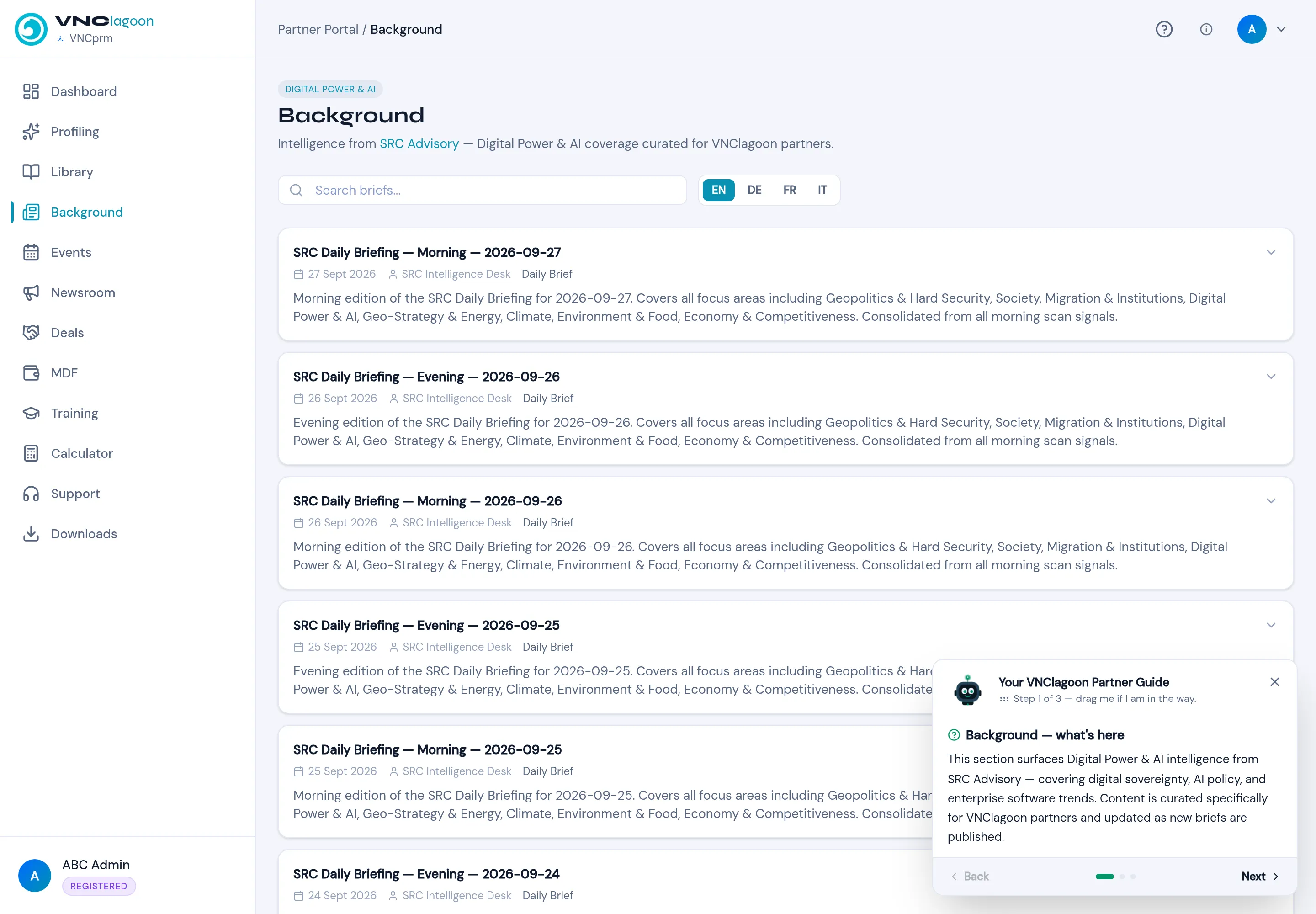 The Background intelligence list with language filters and SRC Advisory briefs