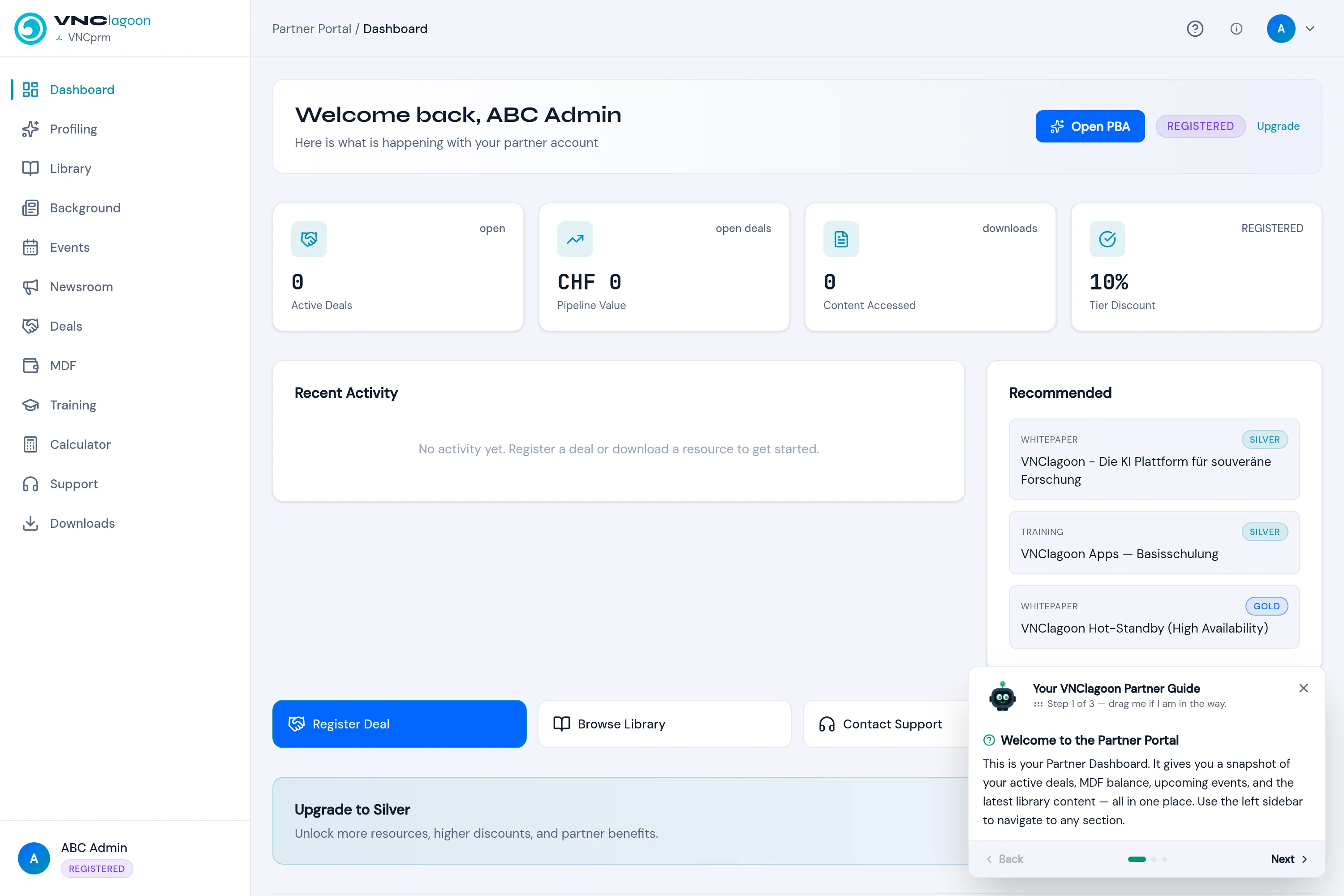 The partner dashboard with KPI cards, recommended items and quick actions