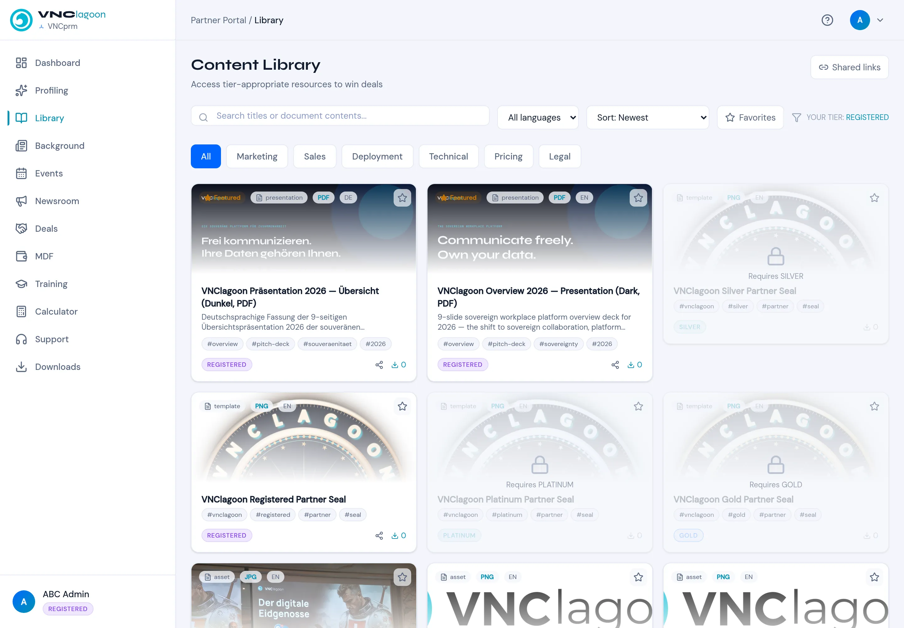 The partner portal Library with tier badges