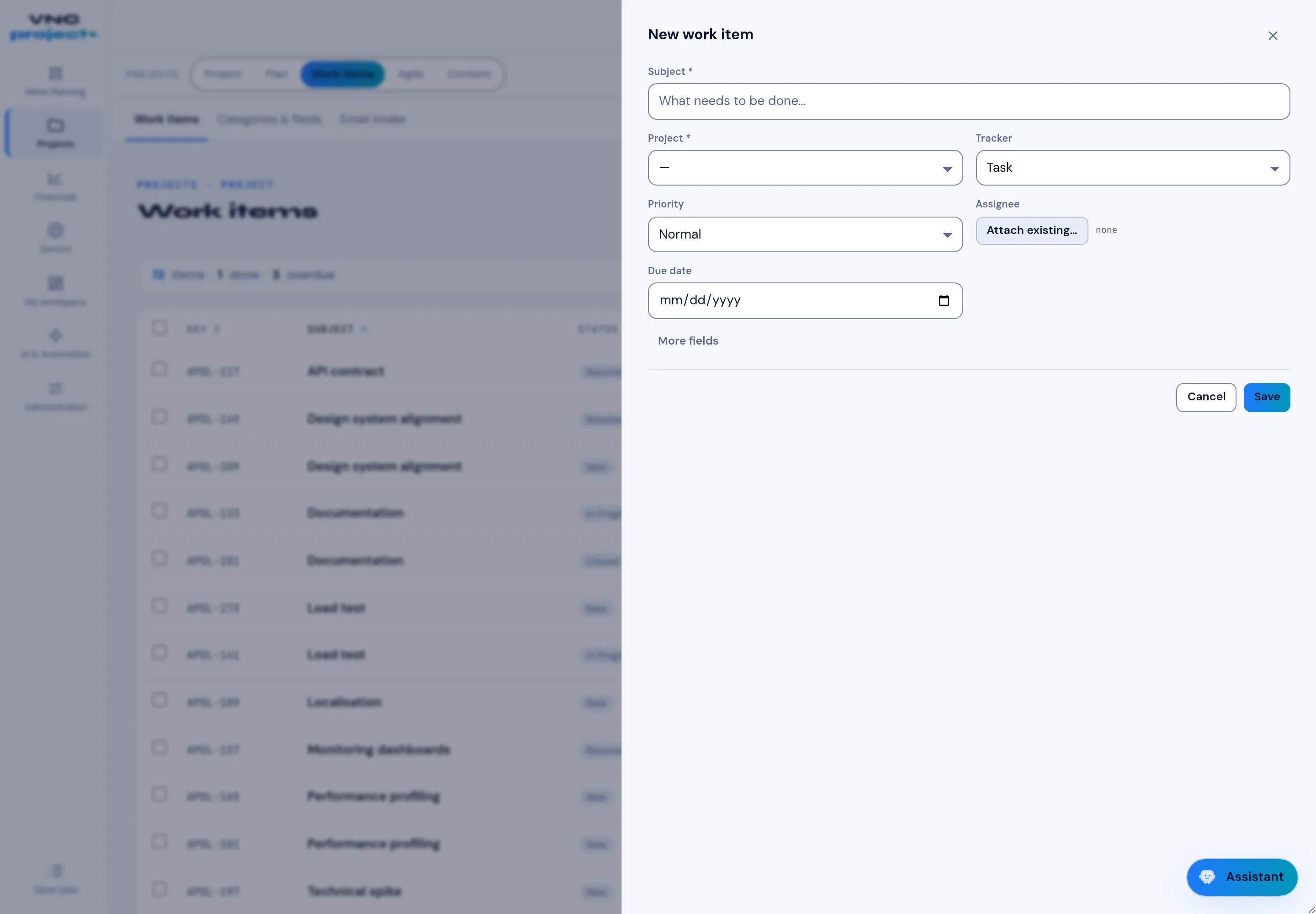 The New work item form over the Work items list