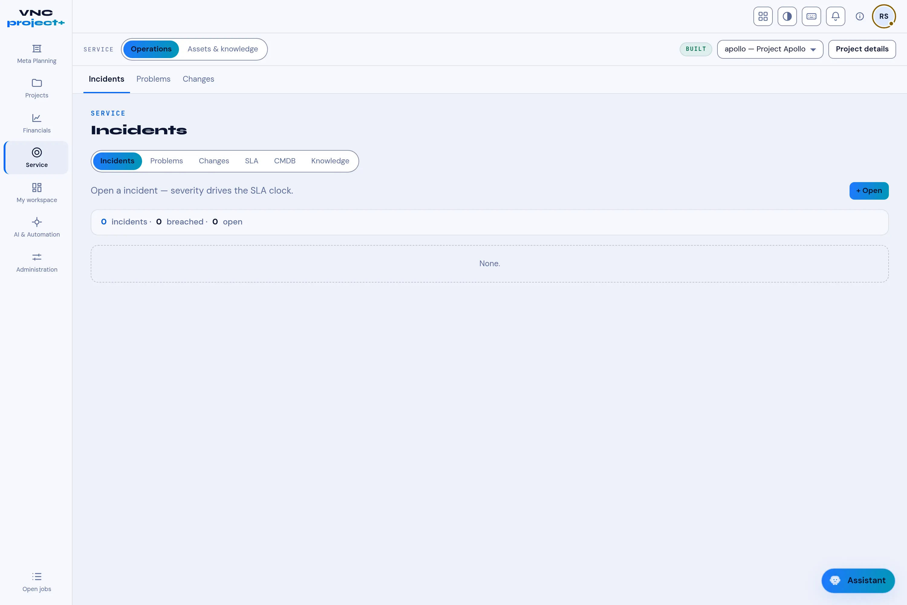 The Service → Operations → Incidents view with the incident summary