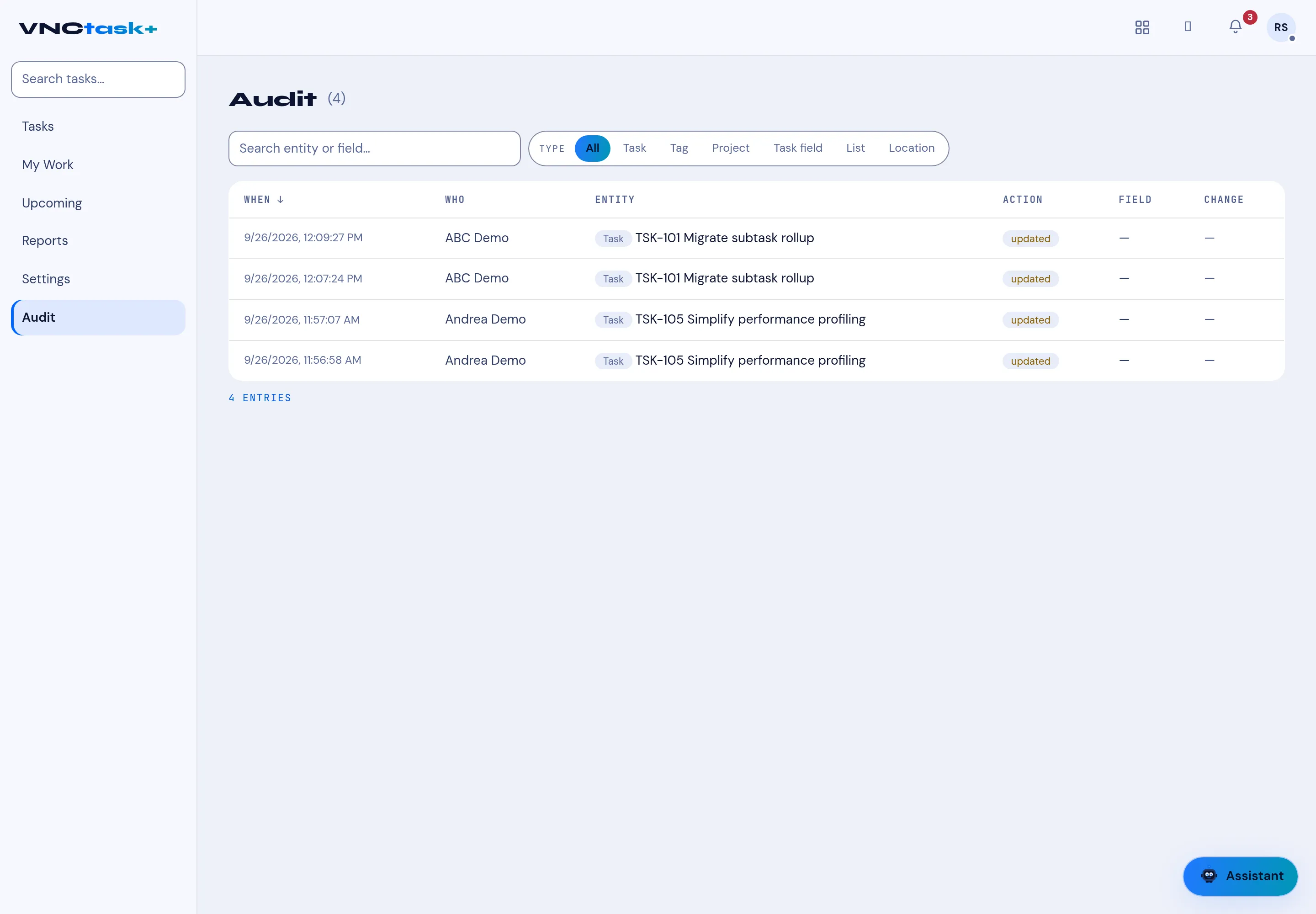 The VNCtask+ Audit log with When, Who, Entity and Action columns