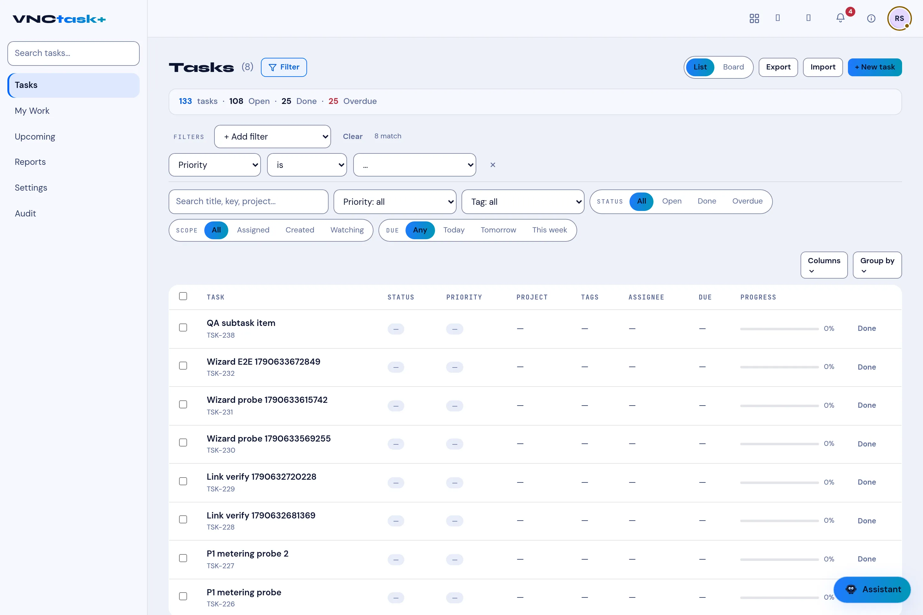 The Filters builder with a Priority rule and the quick filters below